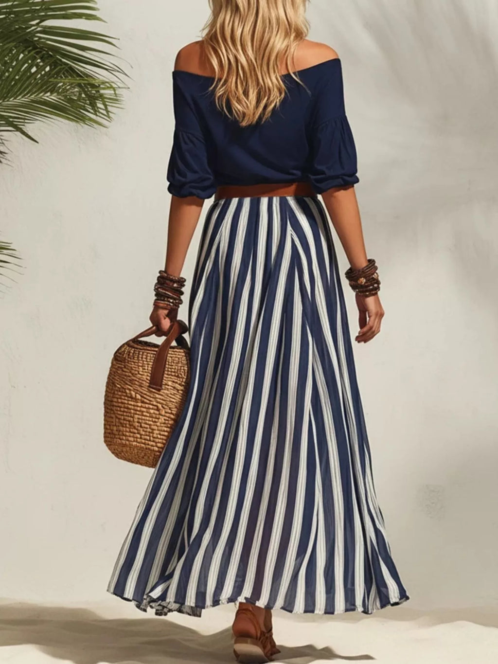 Off Shoulder Top and Striped Maxi Skirt Set