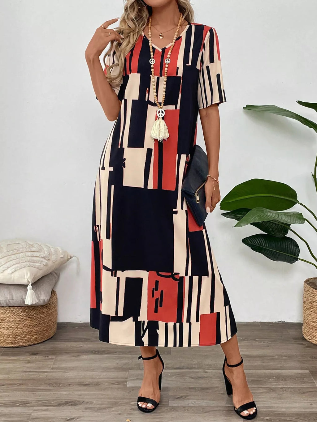 Abstract Geometric Print V-Neck Midi Dress