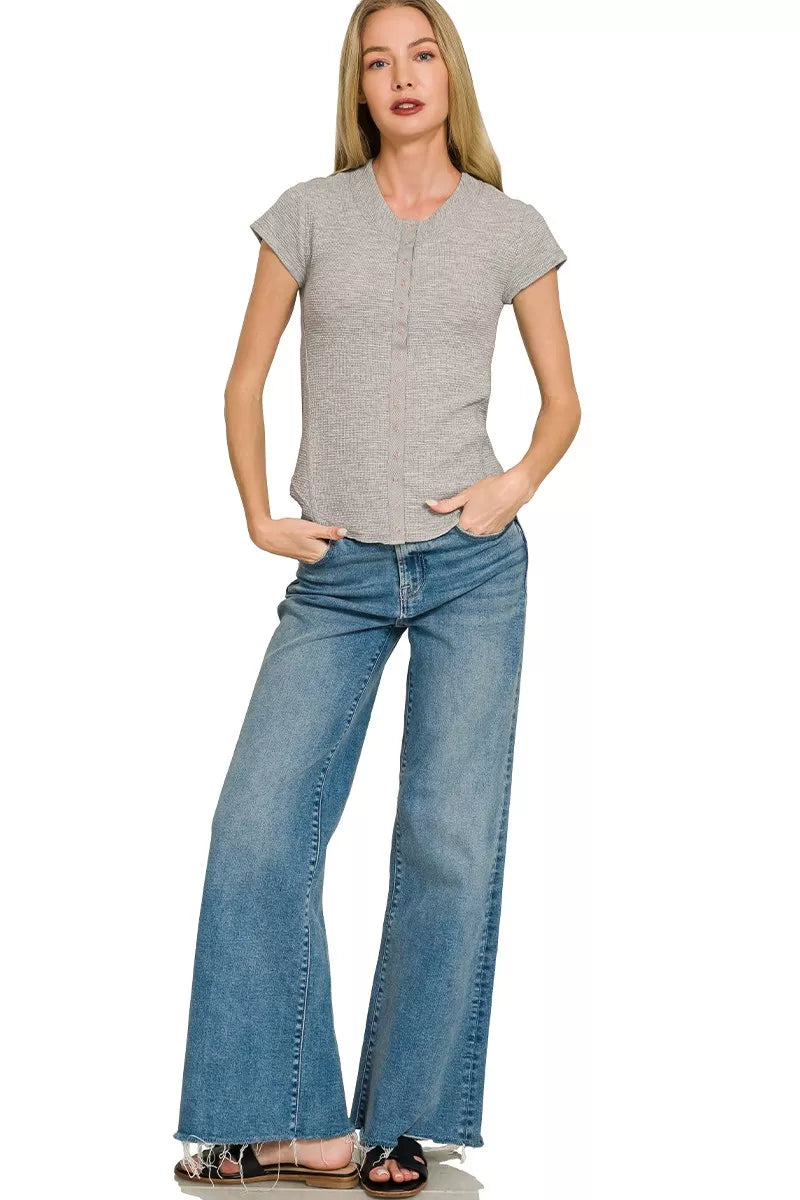 Zenana Double Knit Snap Button Short Sleeve Shirt