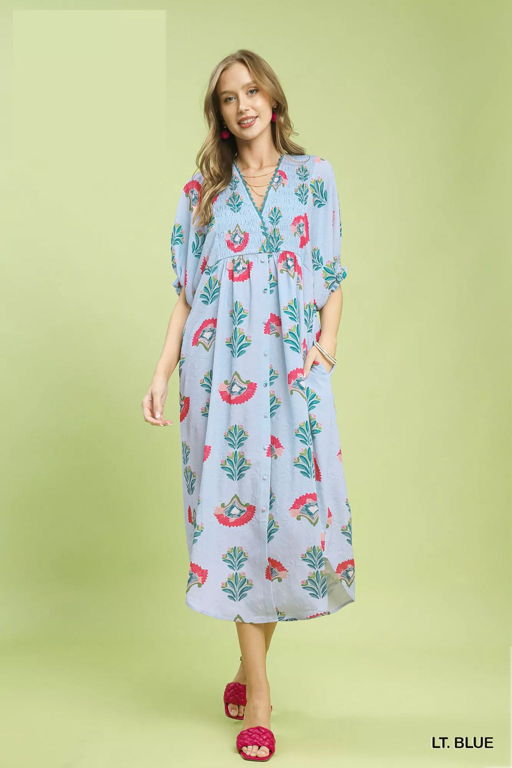 Umgee Abstract Print V-Neck Midi Dress