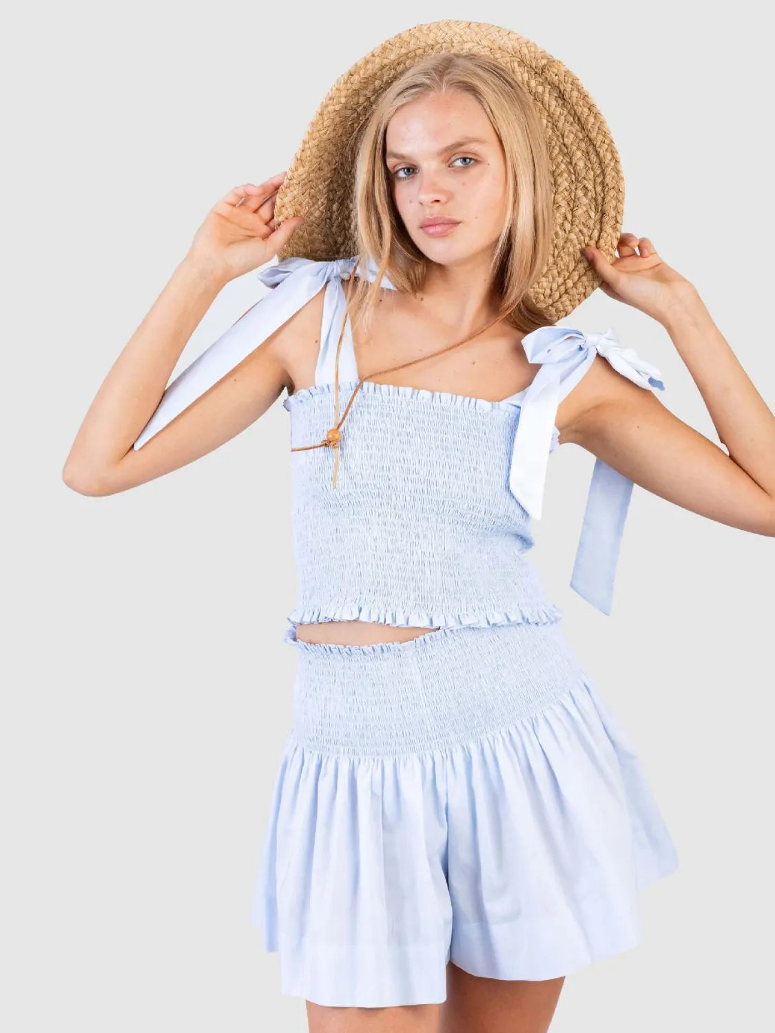 Smocked Tie Shoulder Top and Mini Skirt Set