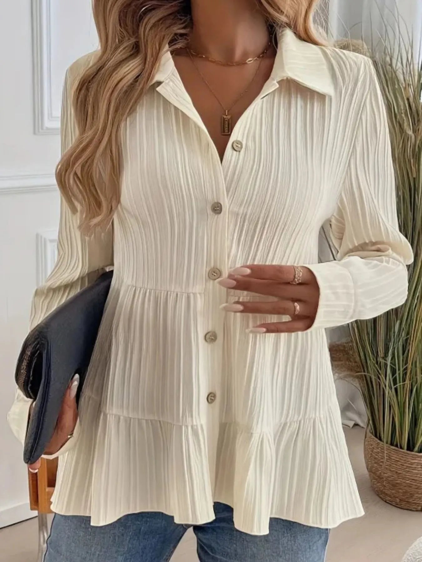 Striped Button-Down Tiered Shirt