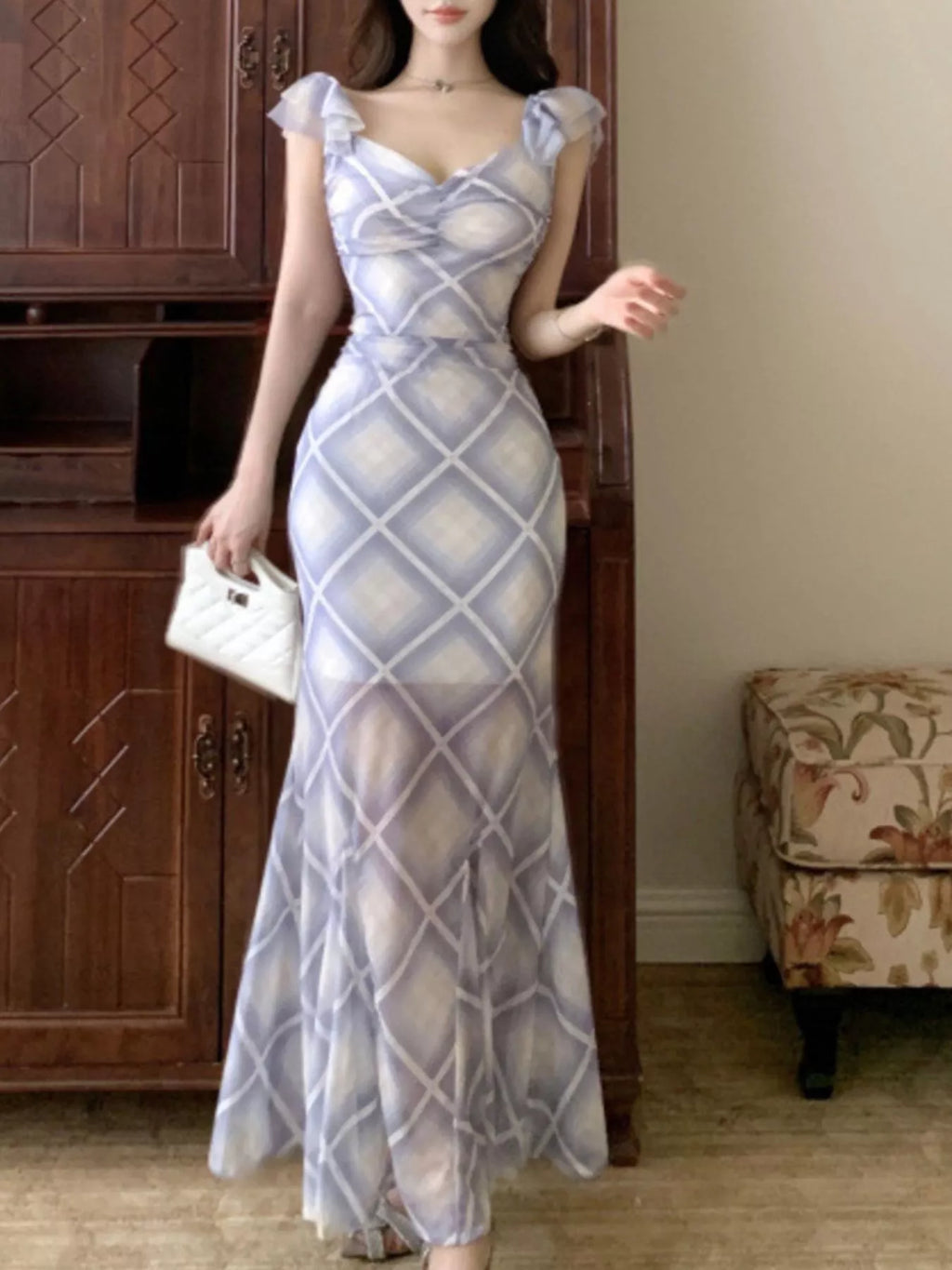 Plaid Ruffle Cap Sleeve Bodycon Maxi Dress