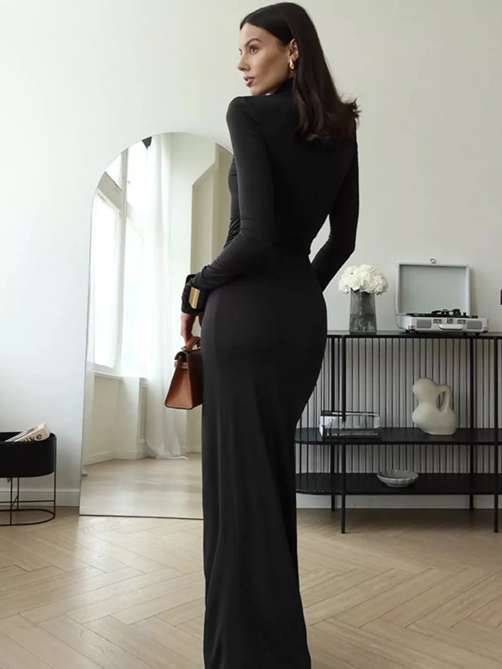Turtleneck Long Sleeve Tie Waist Maxi Dress
