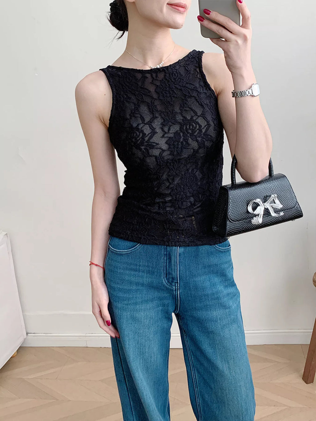 Lace Round Neck Long Sleeve Top