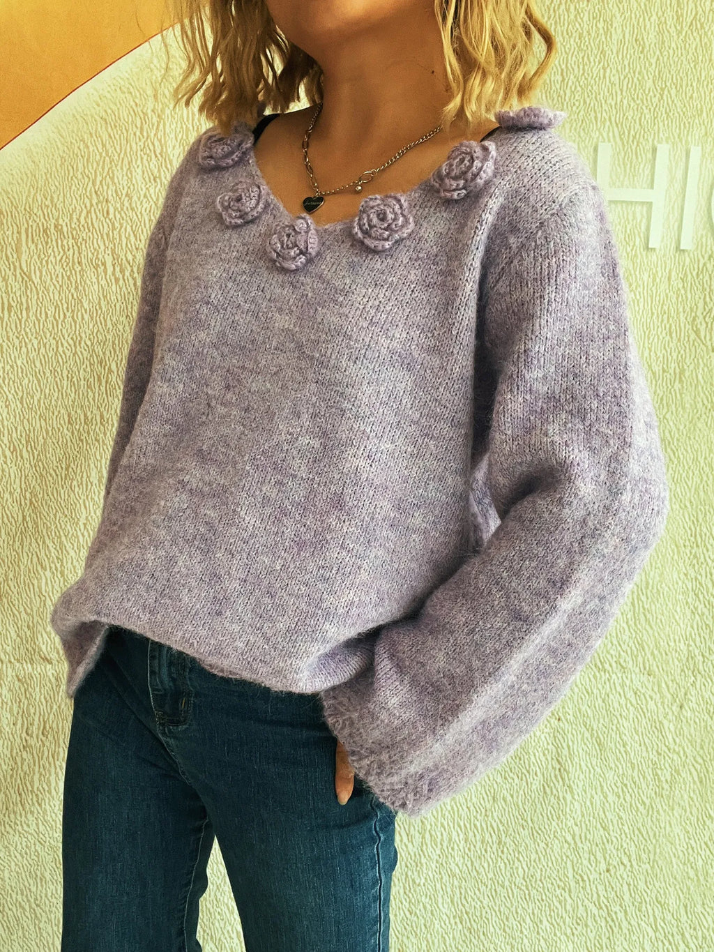 Flower V-Neck Long Sleeve Sweater