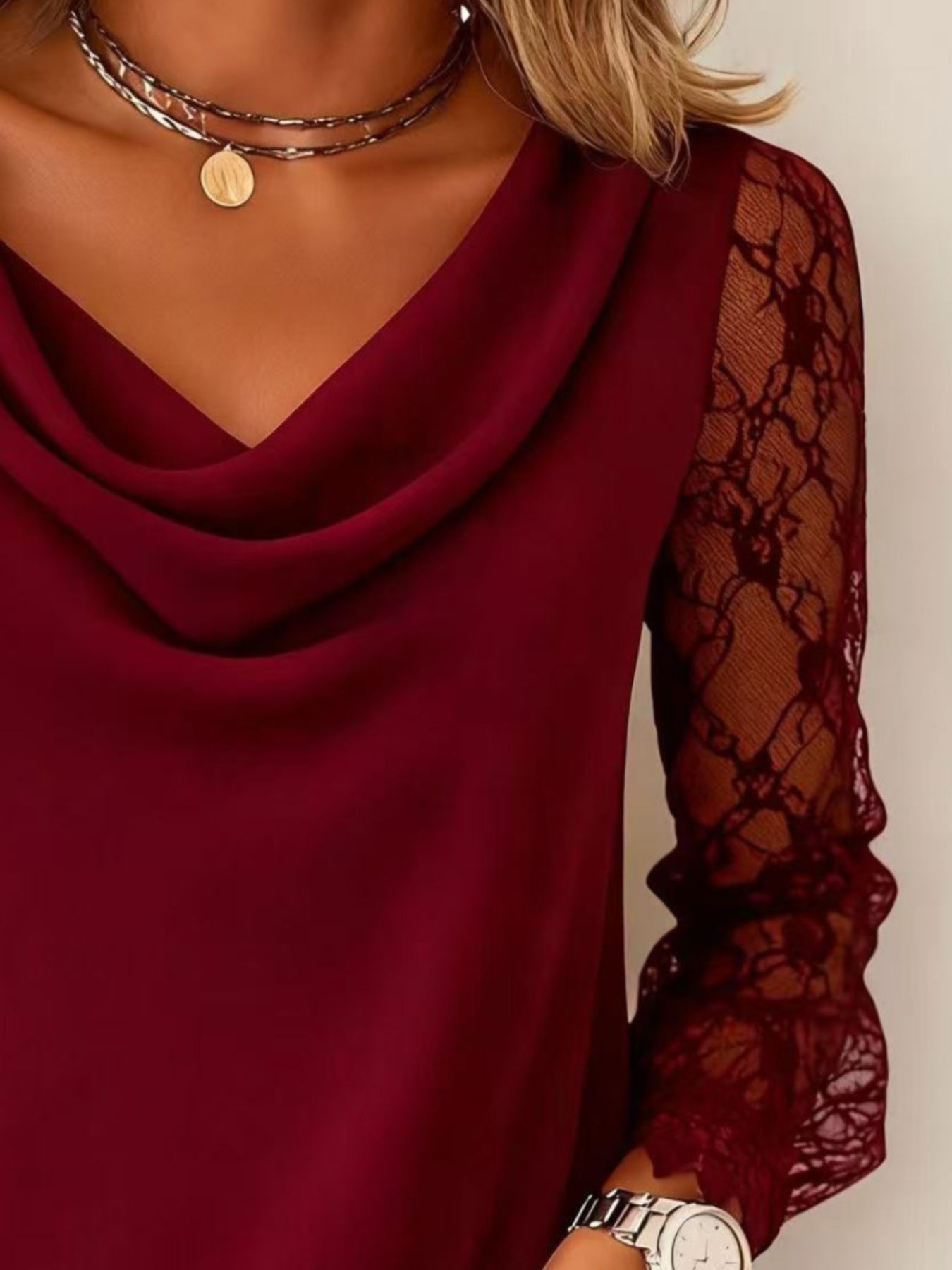 Lace Sleeve Cowl Neck Blouse
