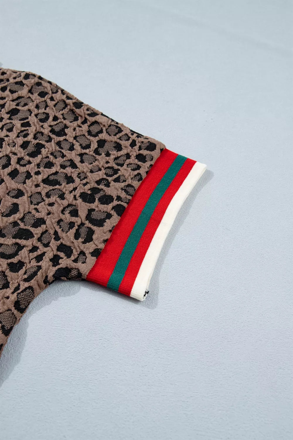 Leopard Jacquard Striped Patchwork Half Zip Short Sleeve Blouse