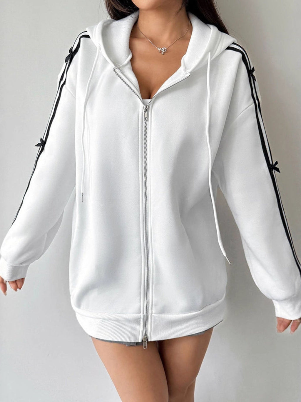 Striped Sleeve Zip-Up Drawstring Hoodie