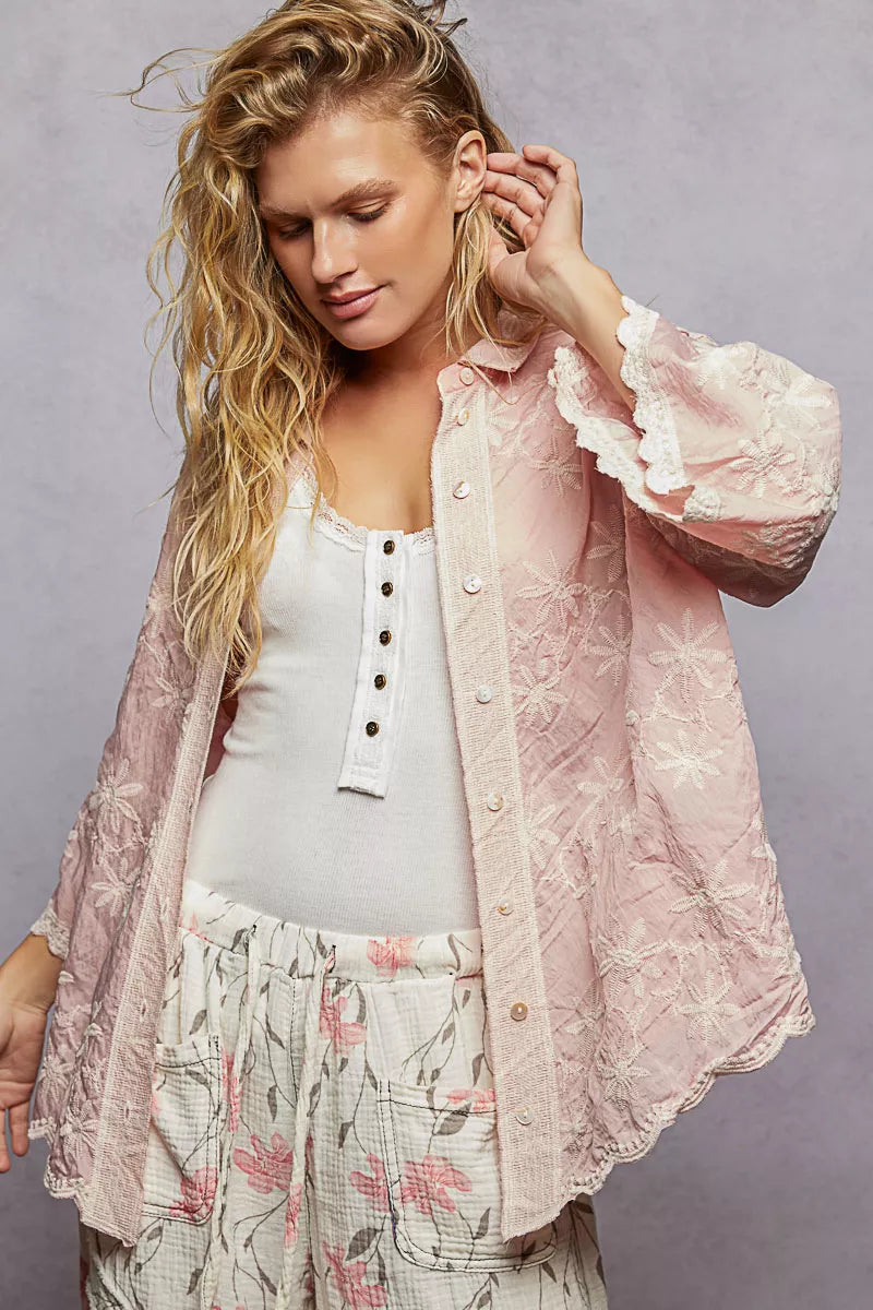 POL Embroidered Floral Collared Neck Shirt with Scalloped Edges