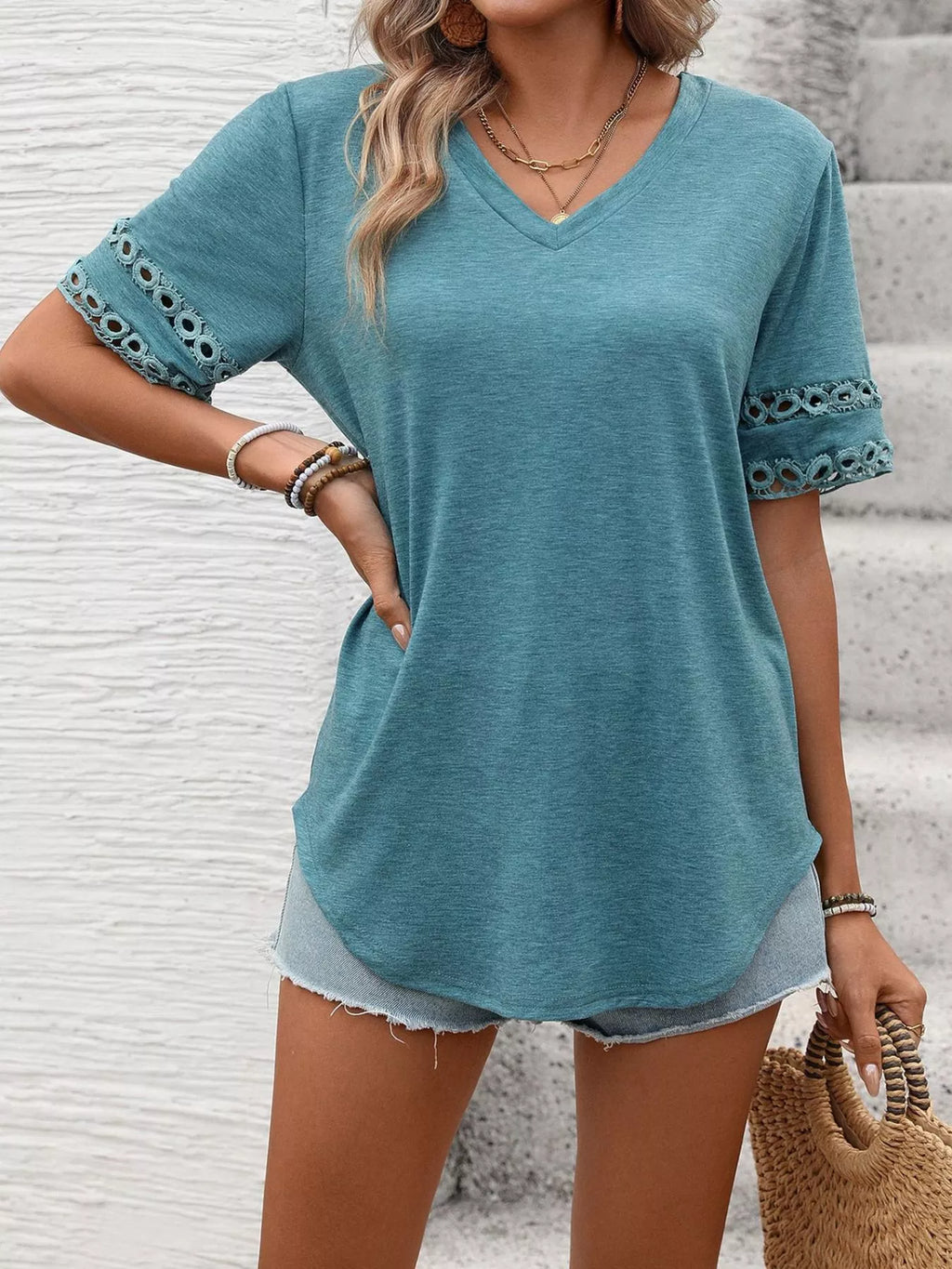 V-Neck Hollow-Out Sleeve T-Shirt