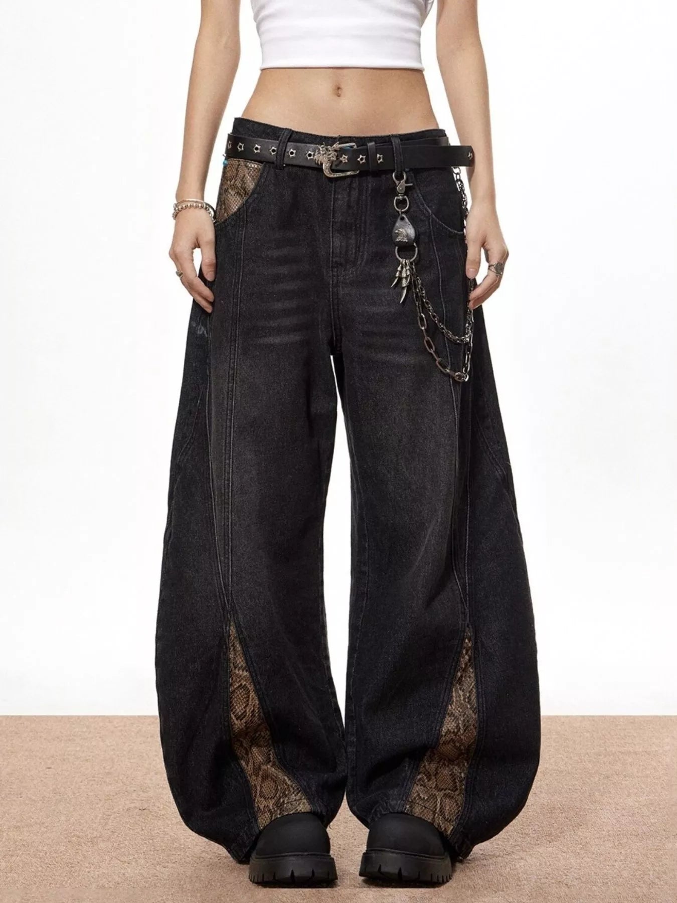 Men's Vintage Wide Leg Jeans with Snake Print