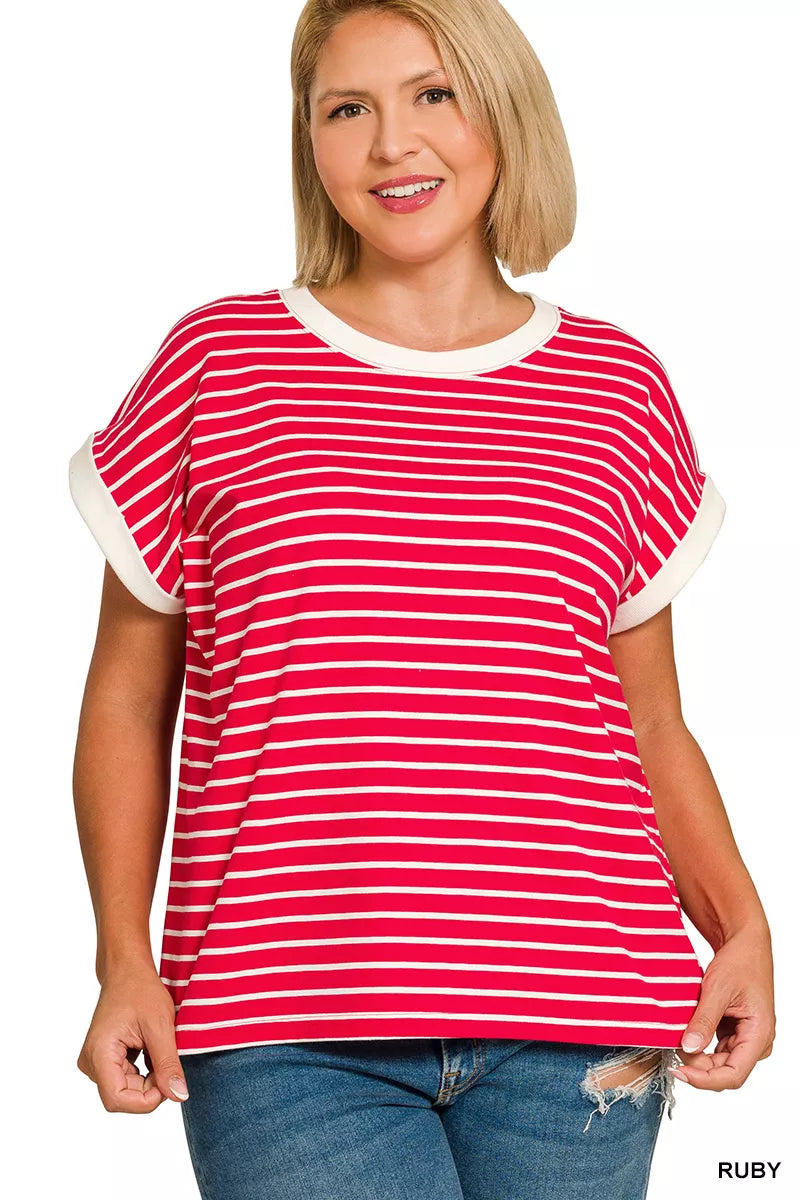 Zenana Full Size Contrast Trim Cap Sleeve Stripe Tee Plus Size