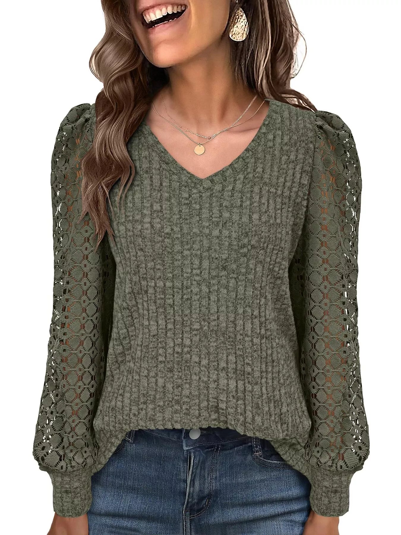 Lace Sleeve V-Neck T-Shirt