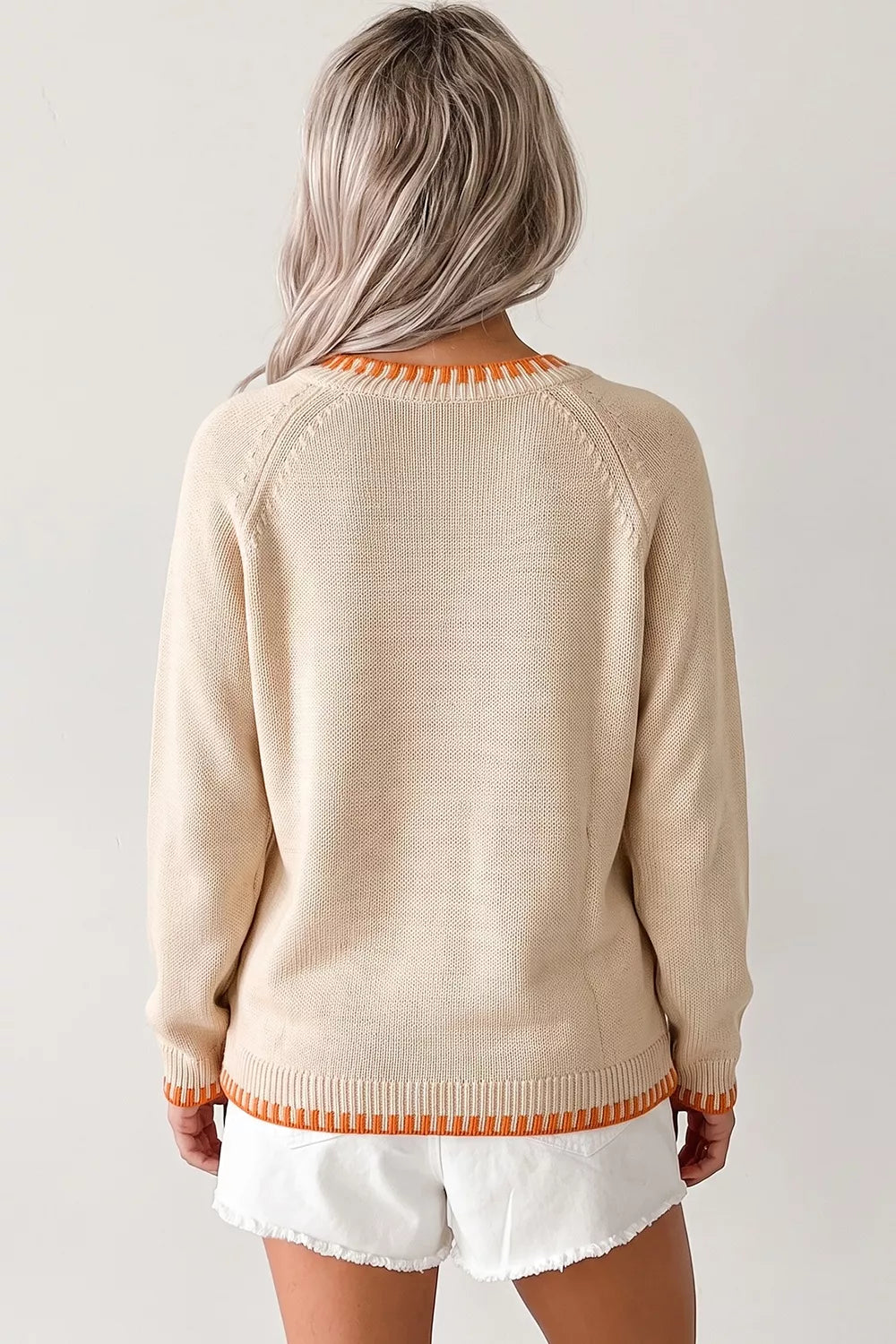 Floral Embroidery Pumpkin Long Sleeve Round Neck Sweater