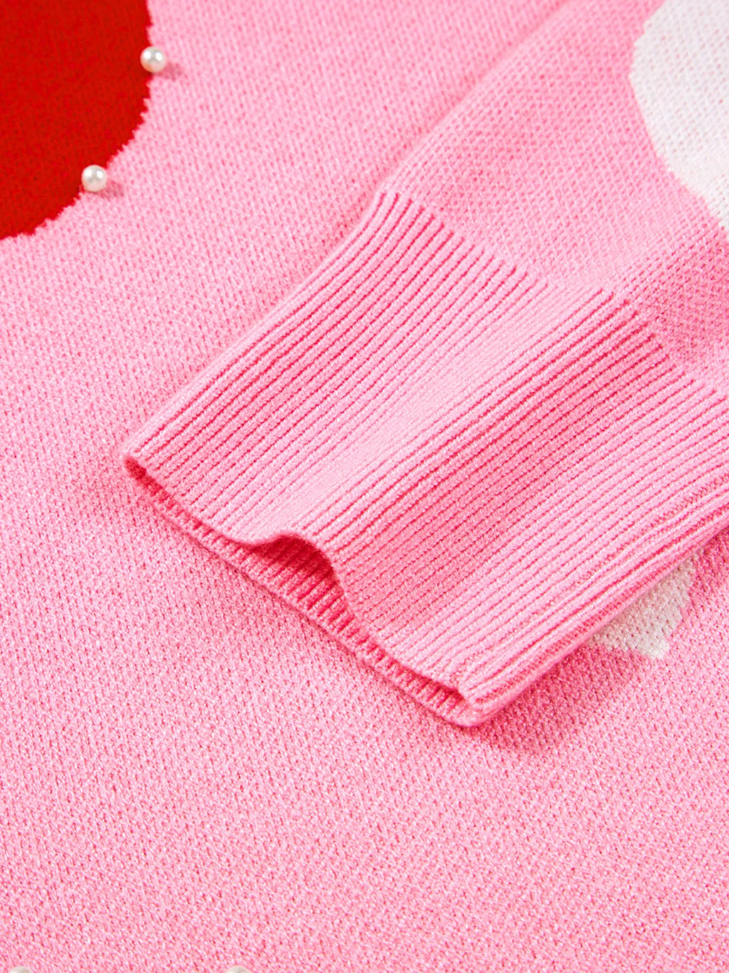 Pearl Embellished Heart Pattern Valentines Day Sweater