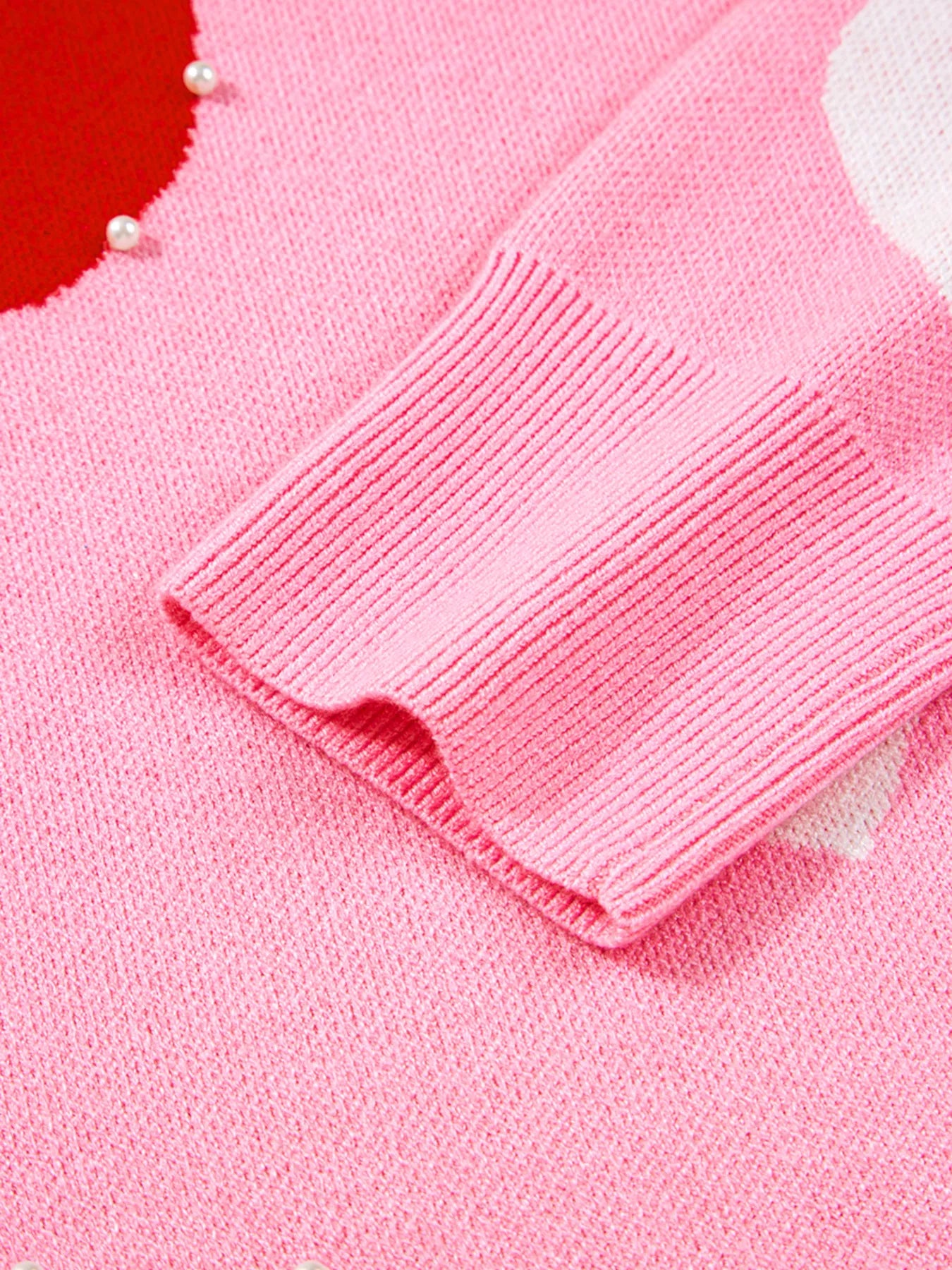 Pearl Embellished Heart Pattern Valentines Day Sweater