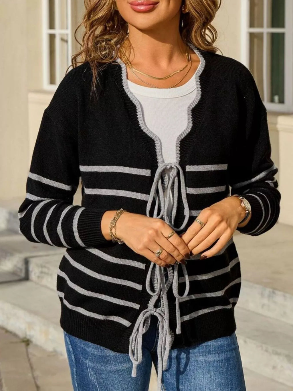 Striped Tie Front Knit Cardigan
