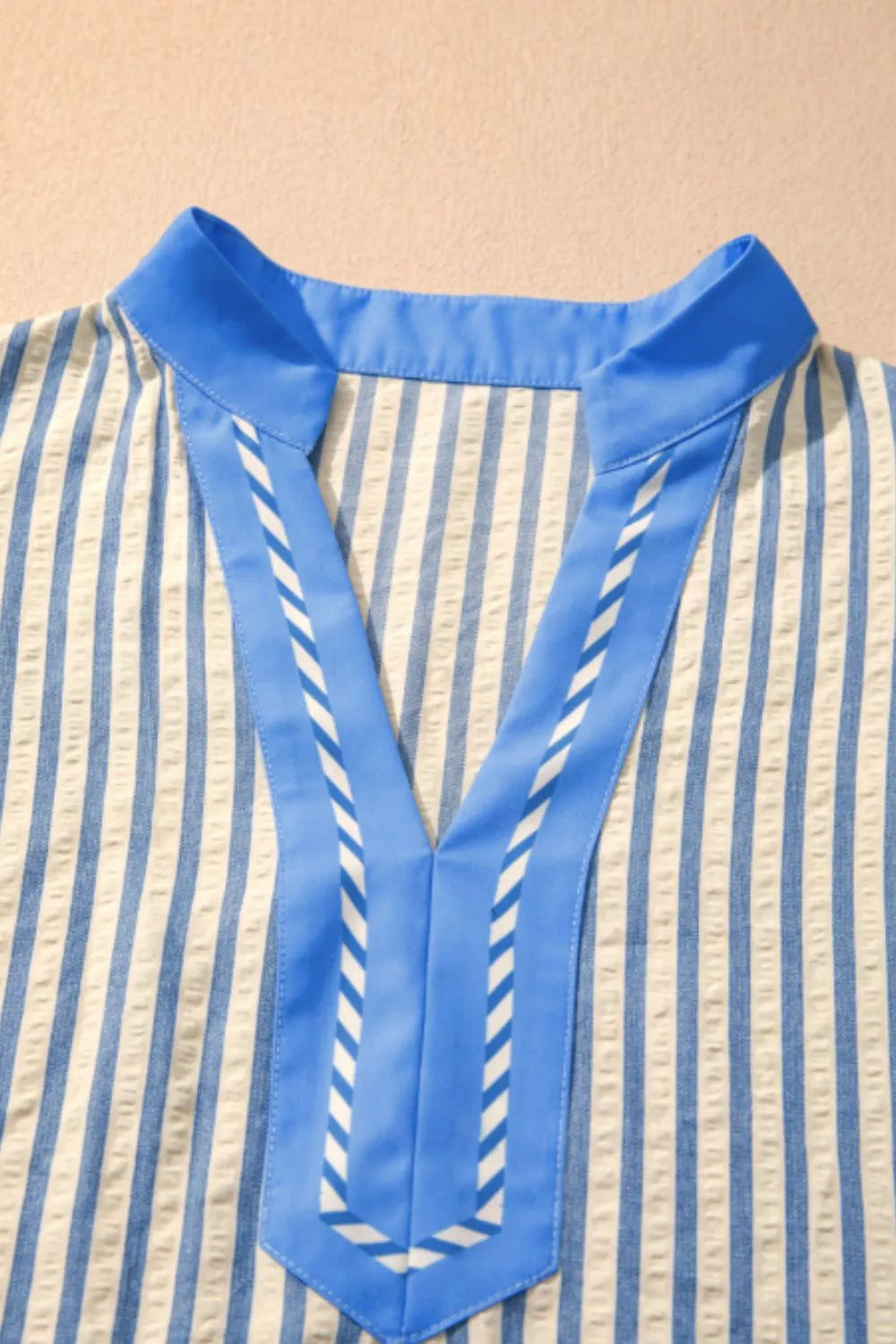 Stripe Color Block Detail V Neck Short Sleeve Blouse