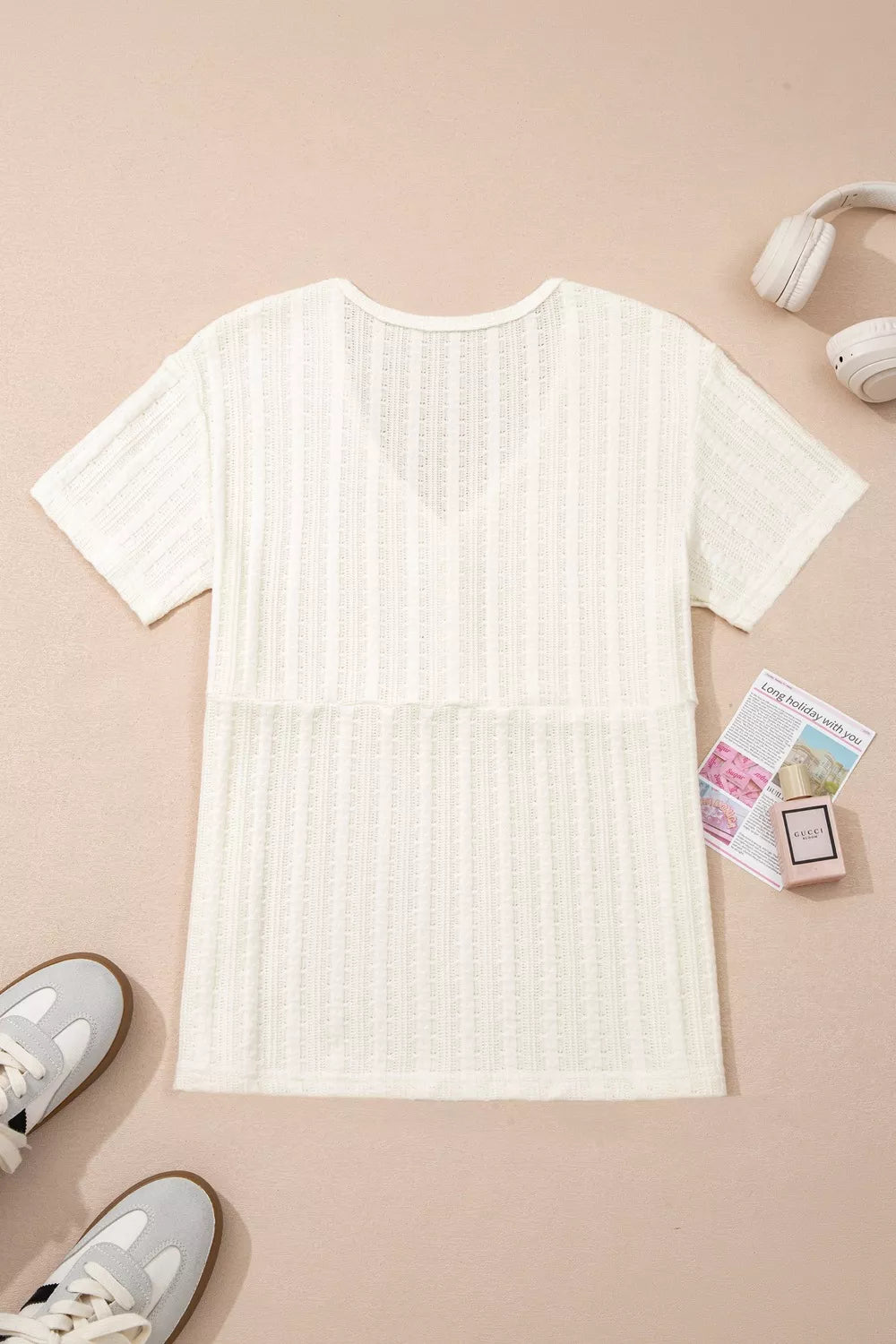 Ribbed Knit Button Detail V-Neck T-Shirt