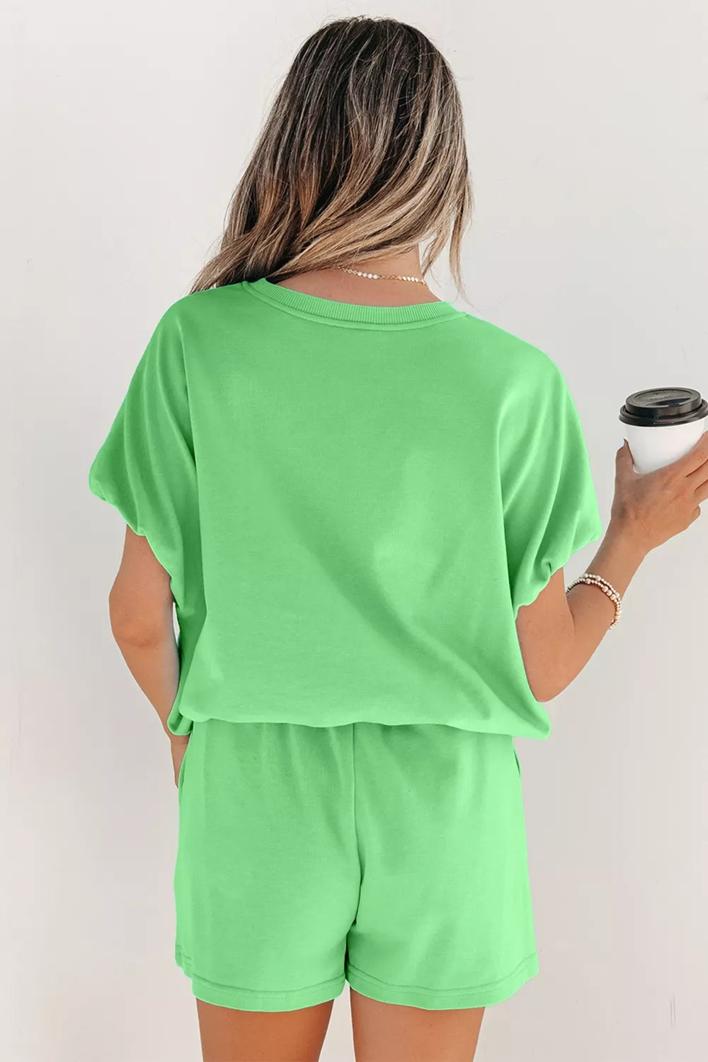 Solid Color Puffy Loose Top Drawstring Shorts 2pcs Outfit