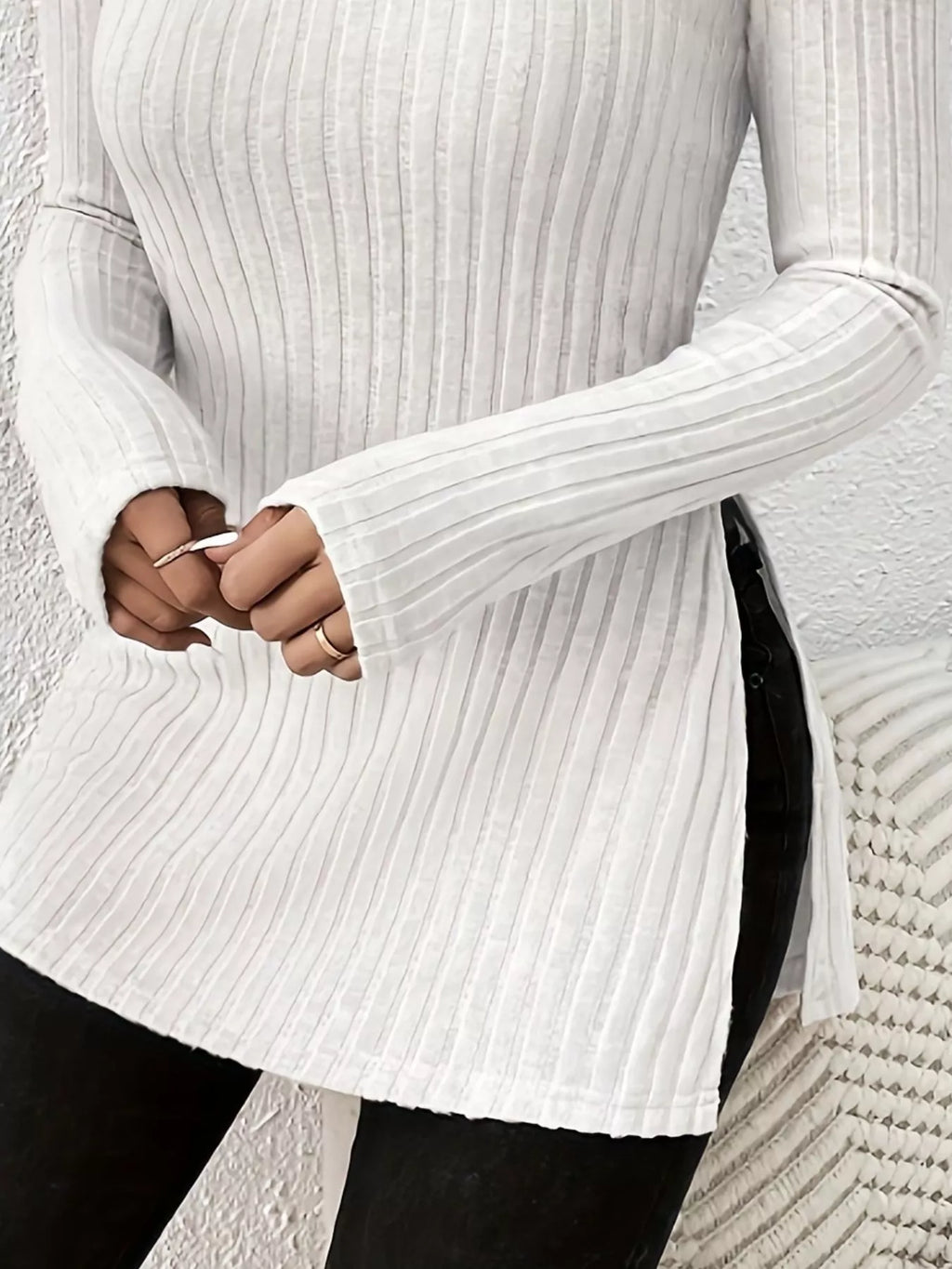 Plus Size Slit Ribbed Turtleneck Long Sleeve T-Shirt