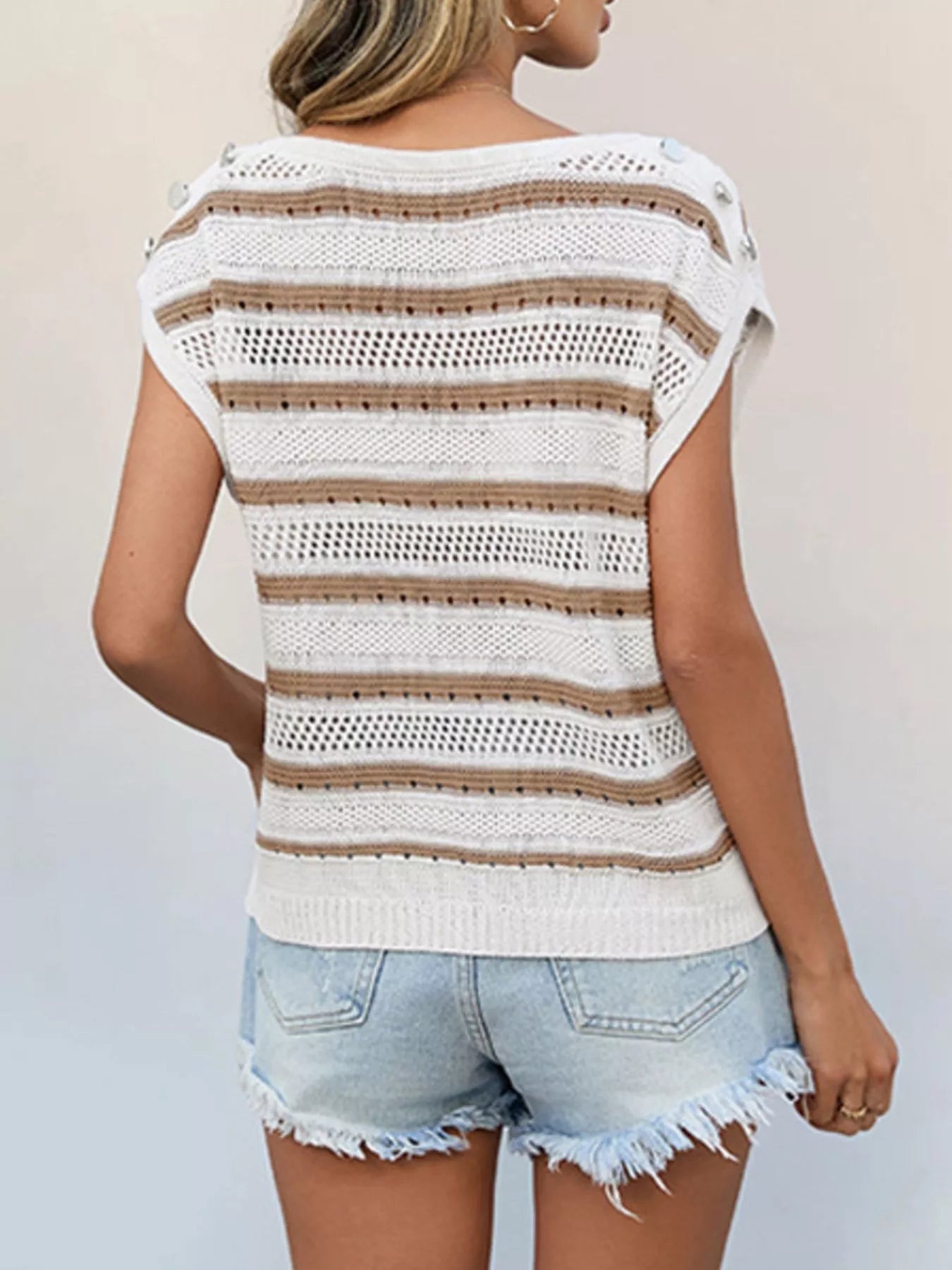 Openwork Round Neck Cap Sleeve Knit Top