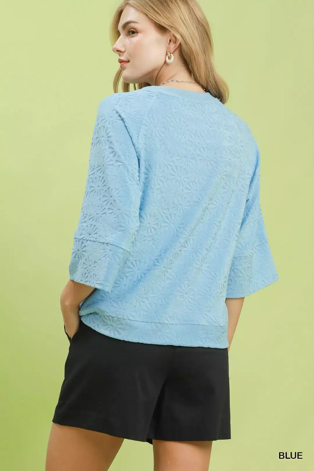 Umgee Round Neck Textured Floral Terry Blouse
