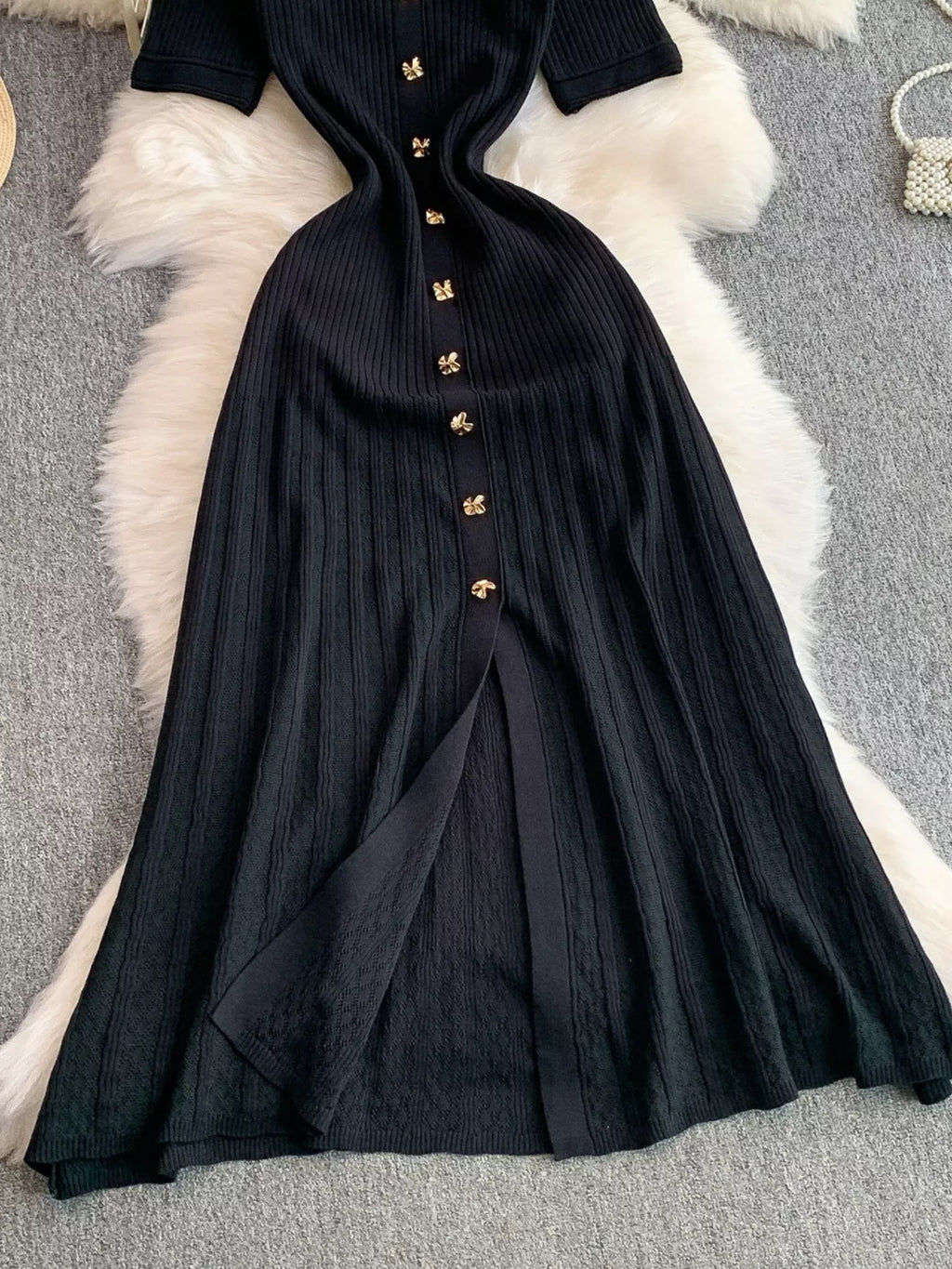 Button Front Ribbed Knit Midi Dress