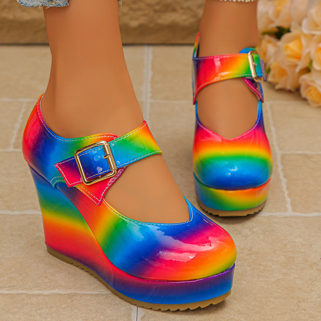 Colorful Round Toe Wedge Mary Jane Loafers