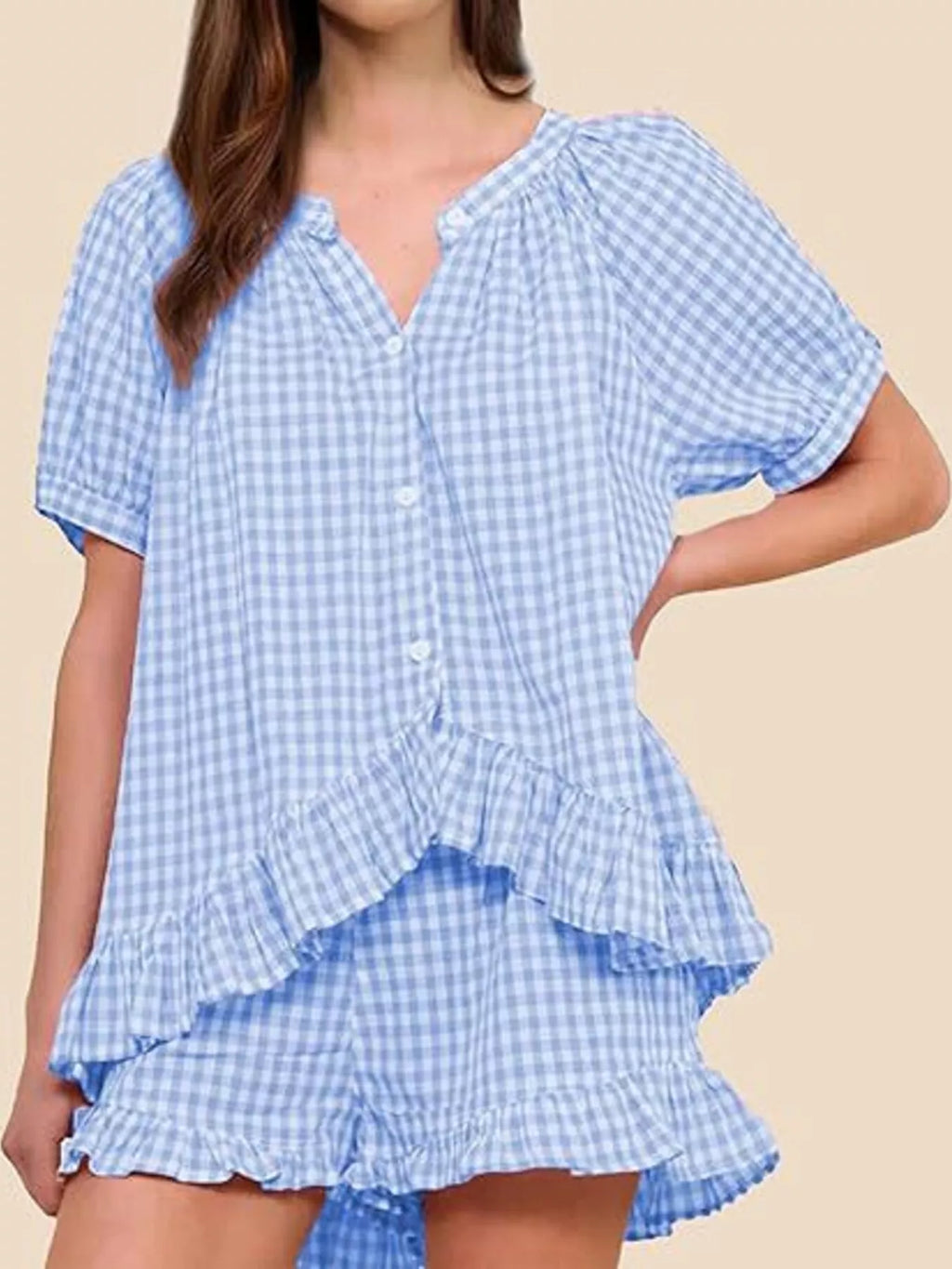 Gingham Ruffle Trim Top and Shorts Set
