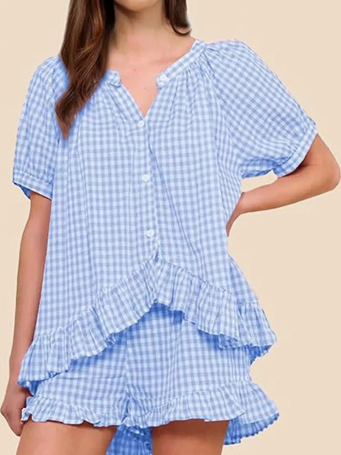 Gingham Ruffle Trim Top and Shorts Set
