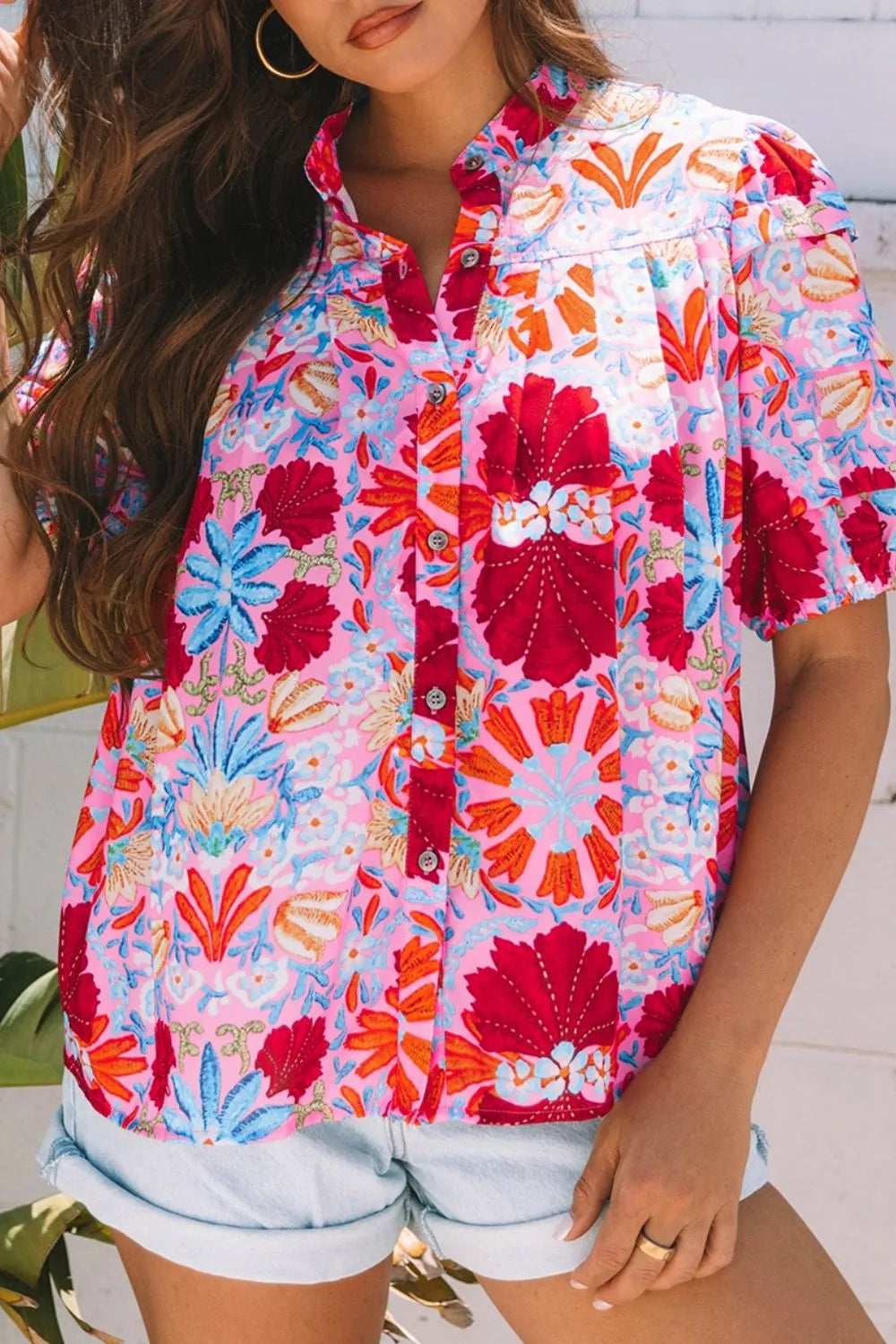 Floral Puff Sleeve Button-Up Top