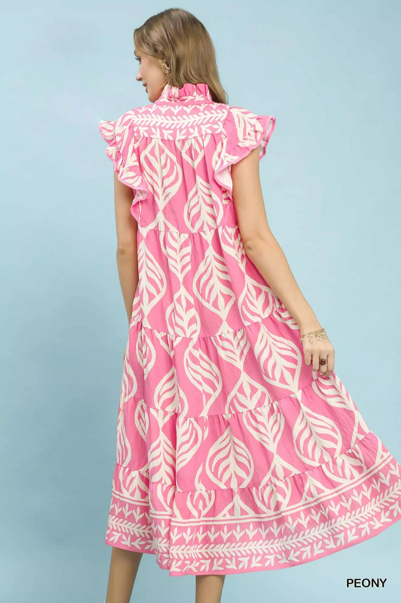 Umgee Leaf Print Tiered Maxi Dress with Pockets