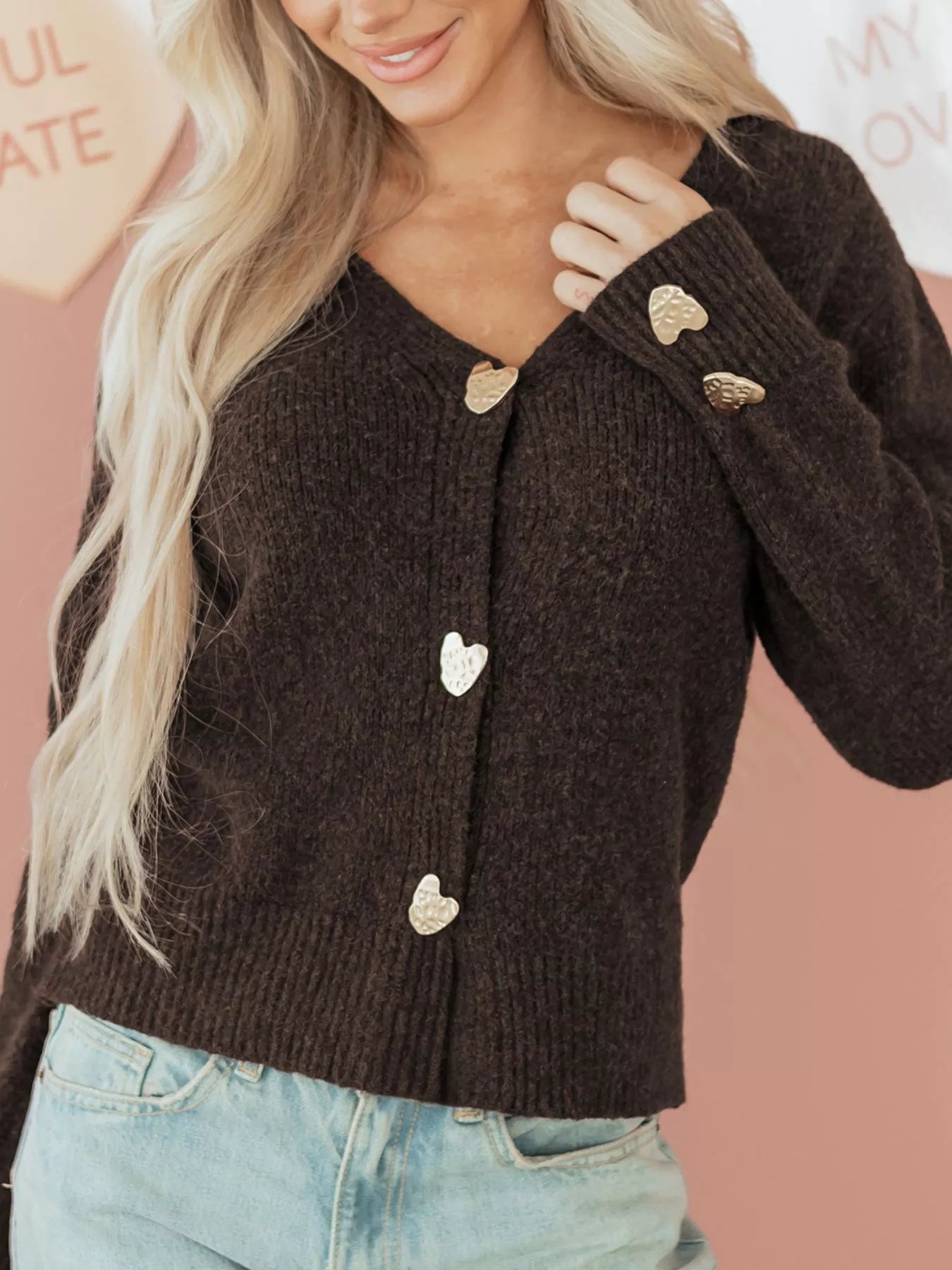 Heart Metal Button V Neck Cardigan Sweater