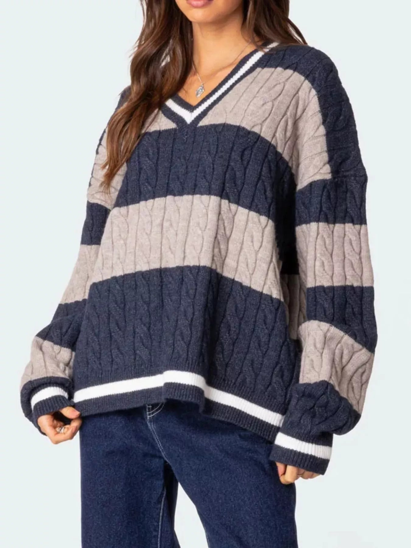 Striped Cable Knit V-Neck Sweater