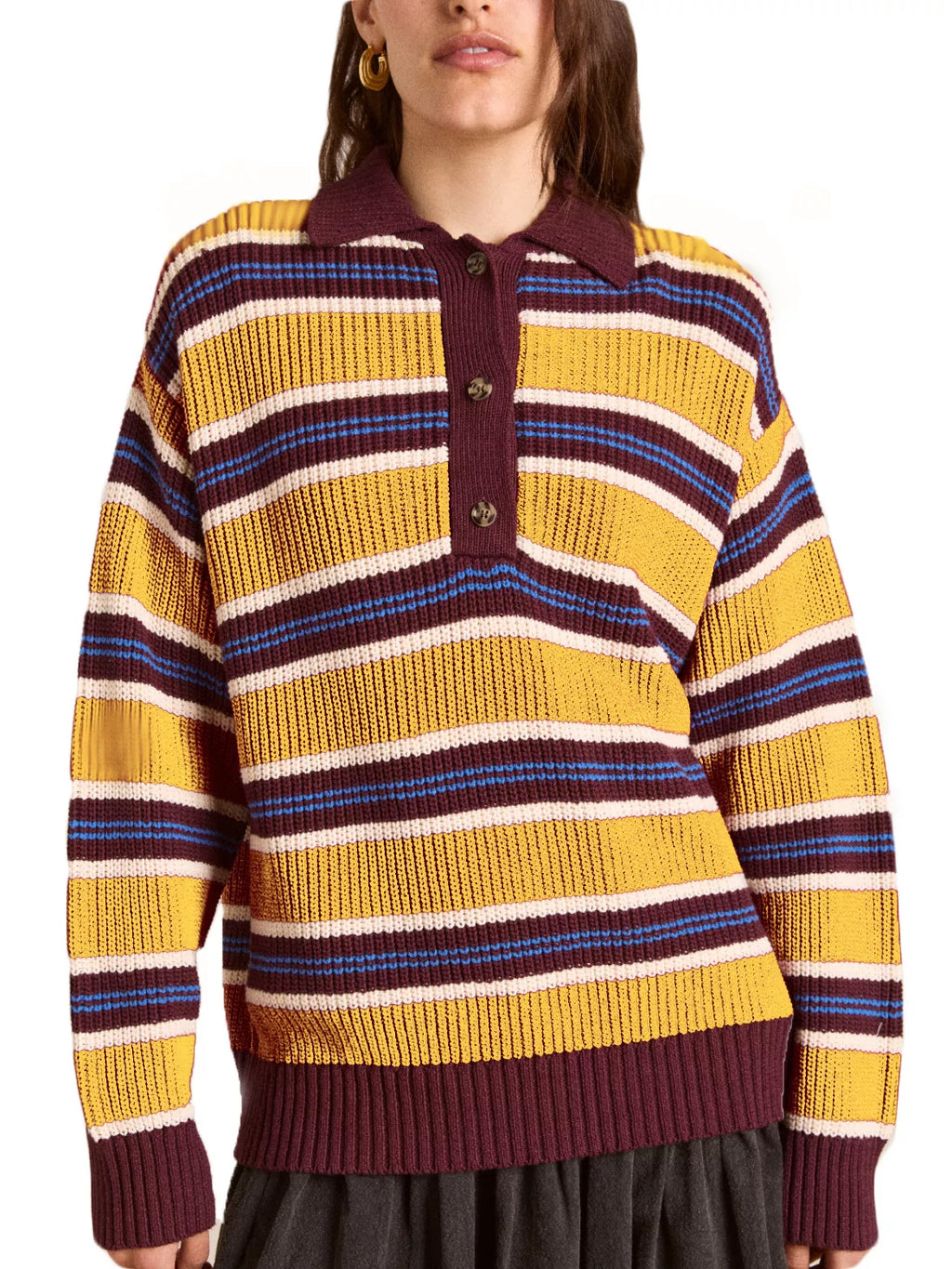 Striped Button Detail Polo Collar Sweater