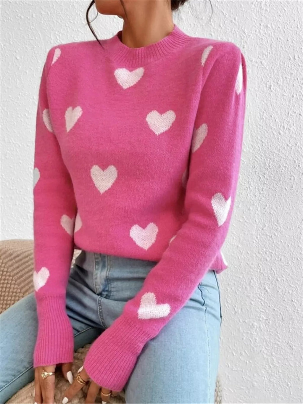 Heart Pattern Round Neck Sweater