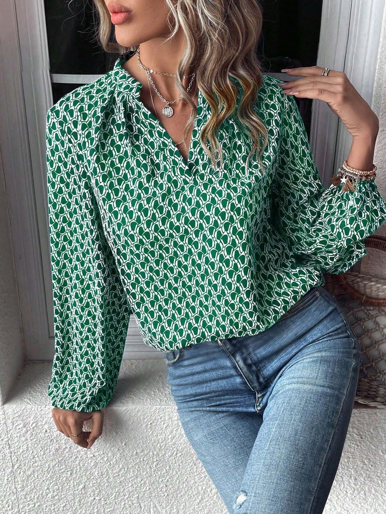Printed Notched Balloon Sleeve Blouse