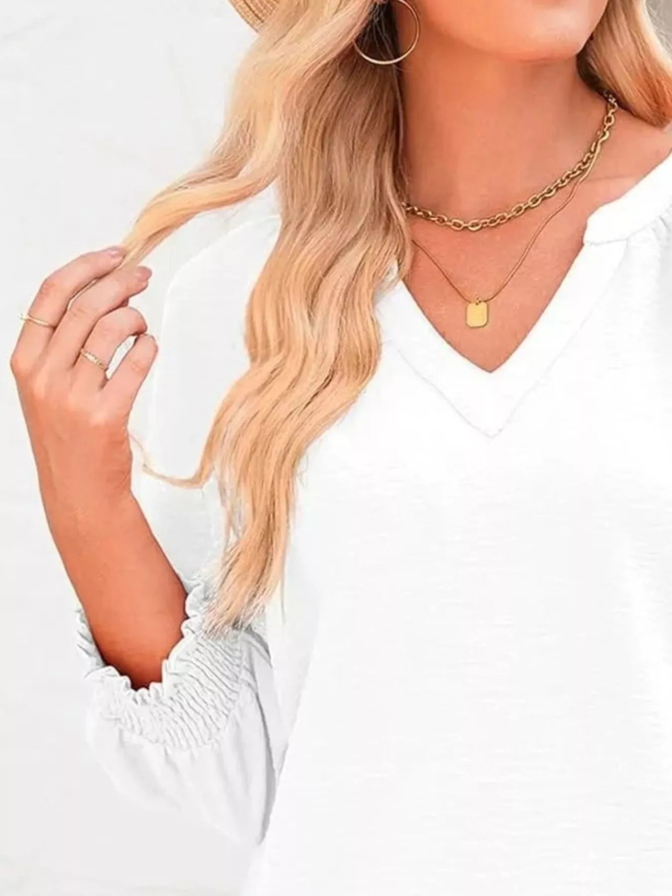 Solid Color Smocked Long Sleeve Blouse