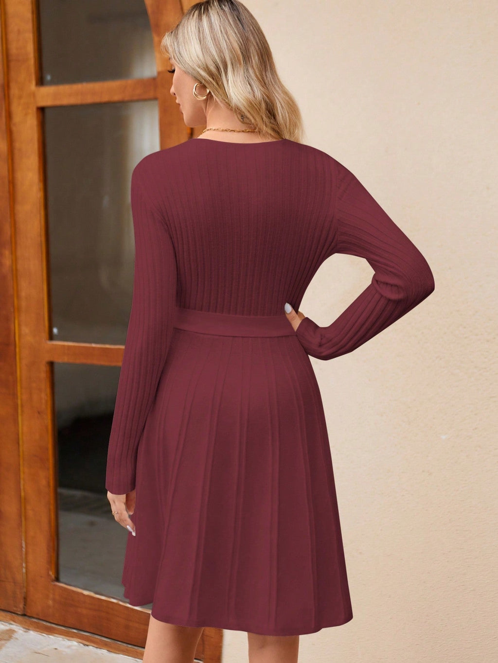 Women's Wrap A-Line Knit Dress Long Sleeve