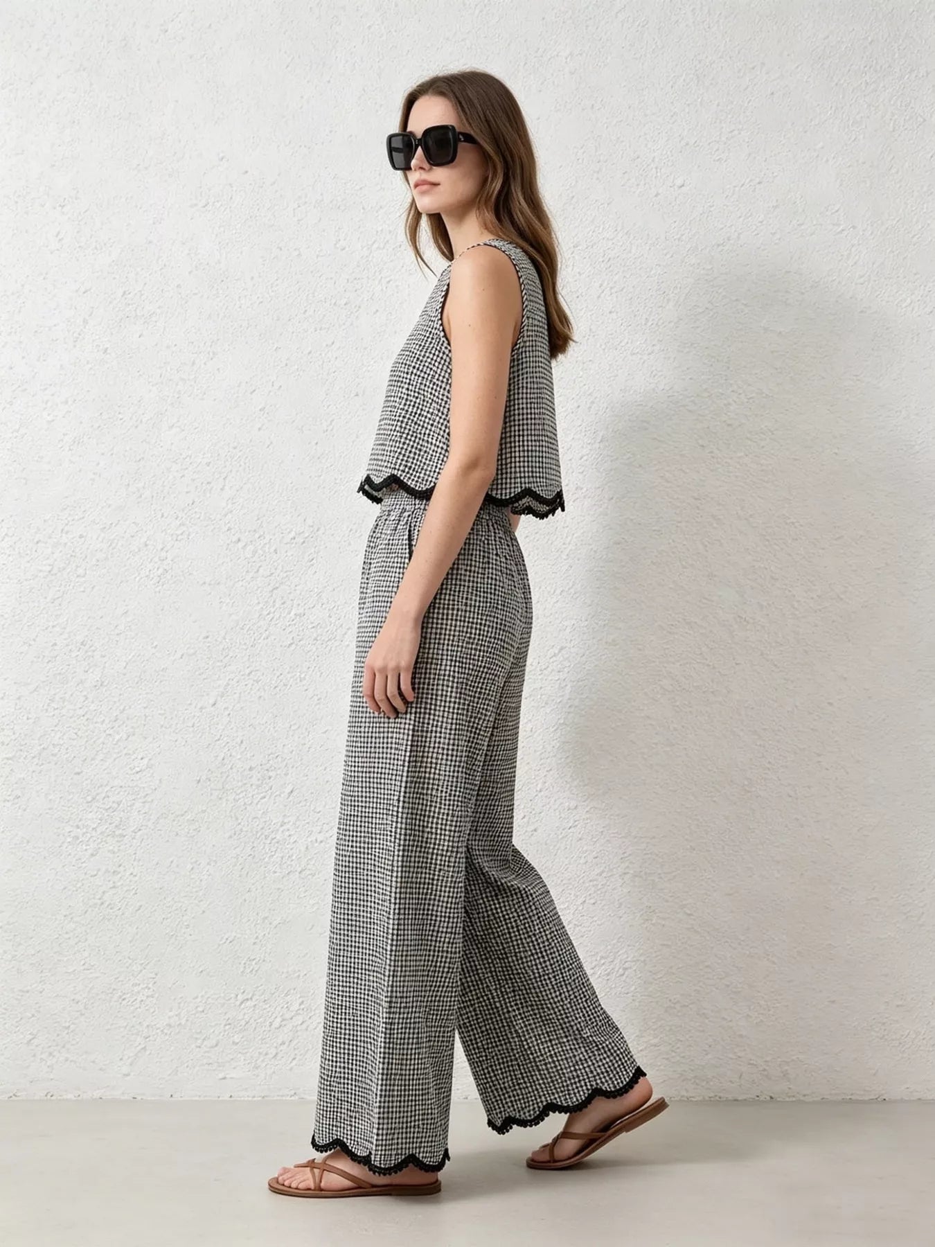 Plaid Scalloped Trim Tank and Pants Set