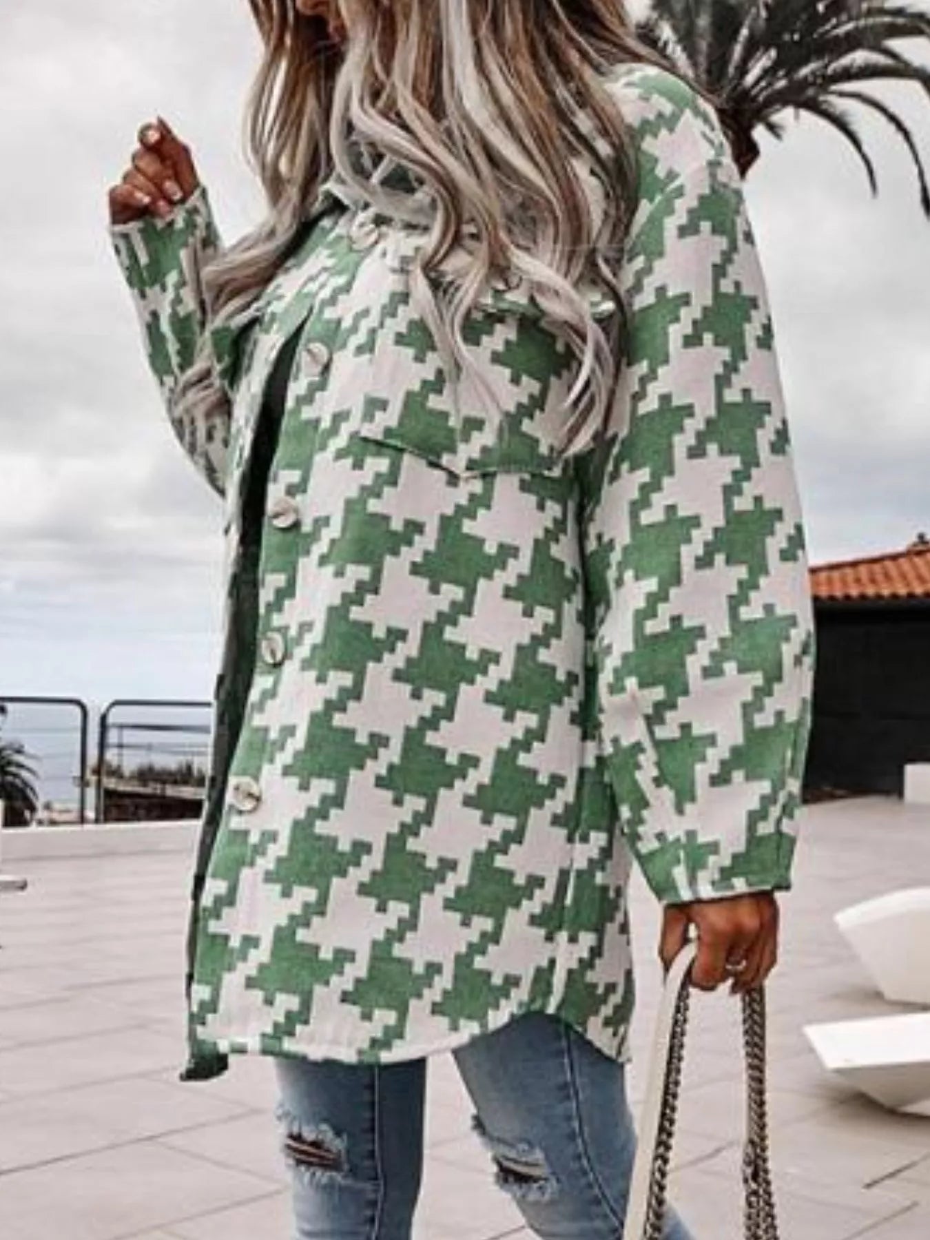 Houndstooth Button Up Long Sleeve Outerwear