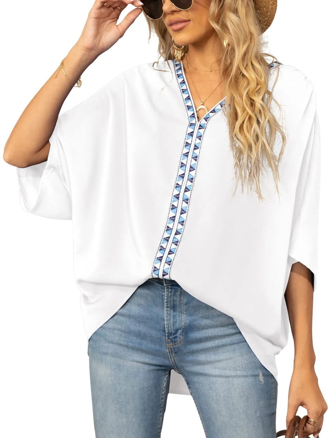 Oversized Contrast V-Neck Half Sleeve Blouse