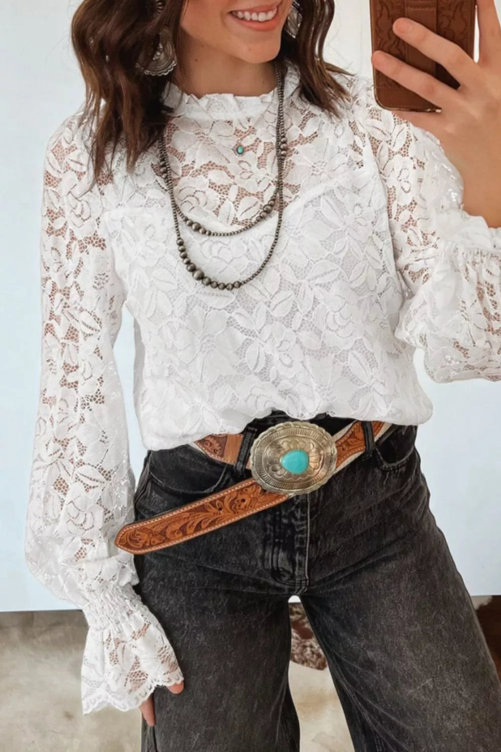 Ruffled Round Neck Long Flounce Sleeve Sheer Lace Blouse