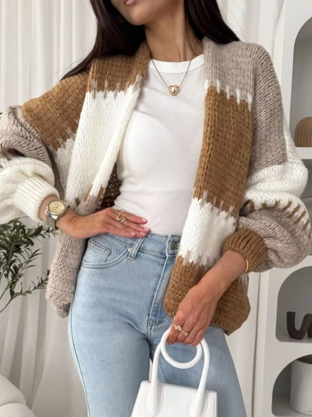 Color Block Open Front Cardigan