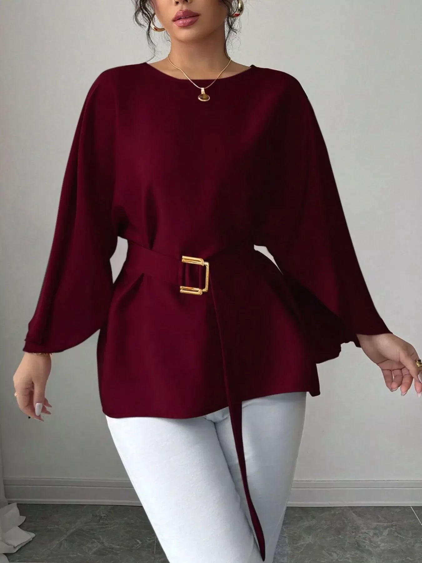 Batwing Sleeve Belted Blouse