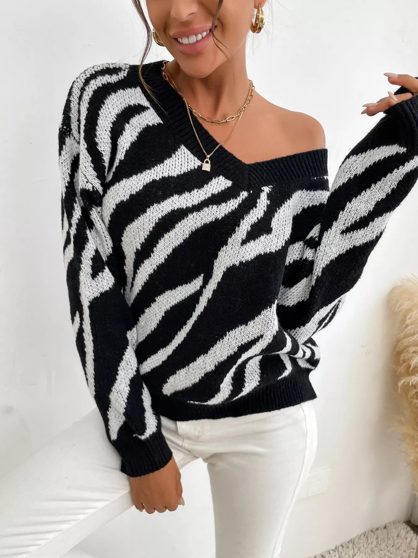 Zebra Print Relaxed Fit Pullover Sweater