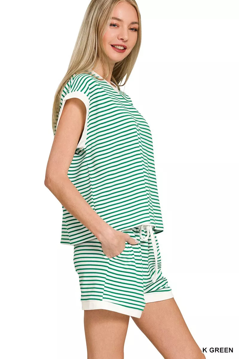 Zenana Stripe Contrast Trim Top & Shorts Set