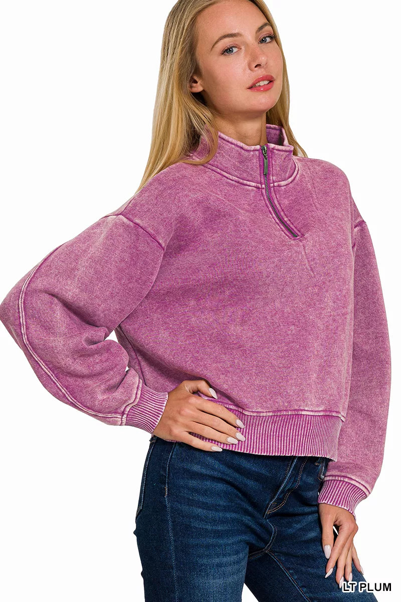 Zenana Acid Wash Fleece Half Zip Sweatshirt
